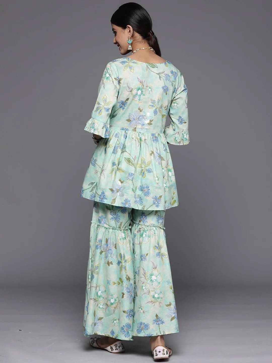 

Green Printed Cotton Tunic With Palazzos