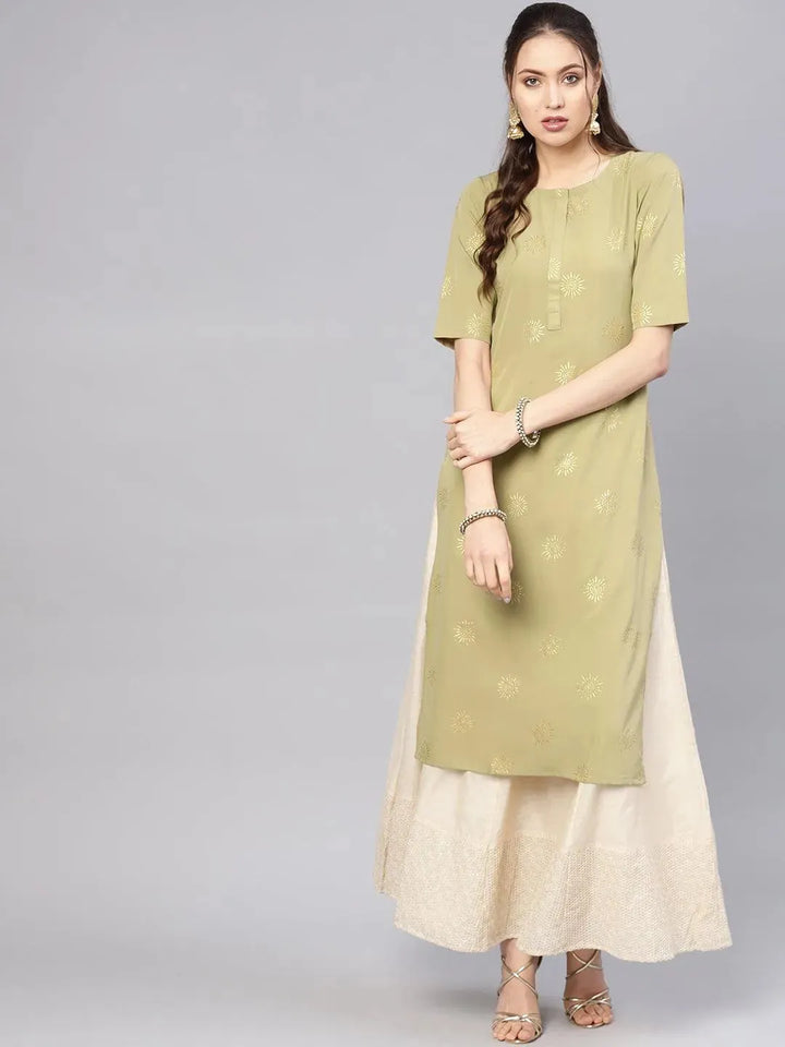 Green Printed Crepe Kurta - Libas