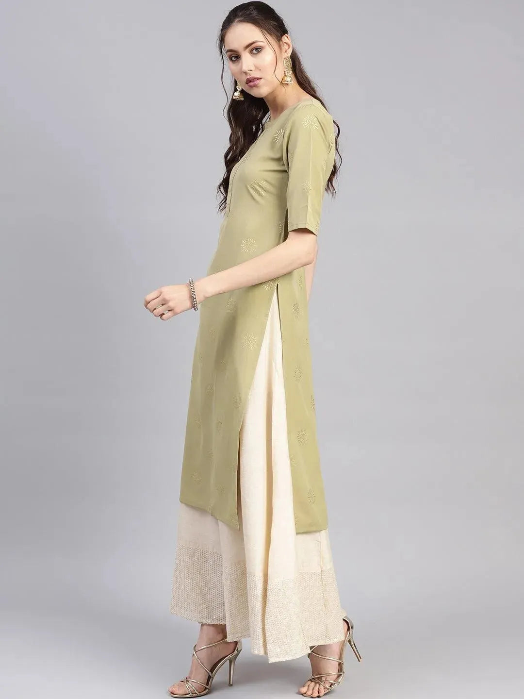 Green Printed Crepe Kurta - Libas