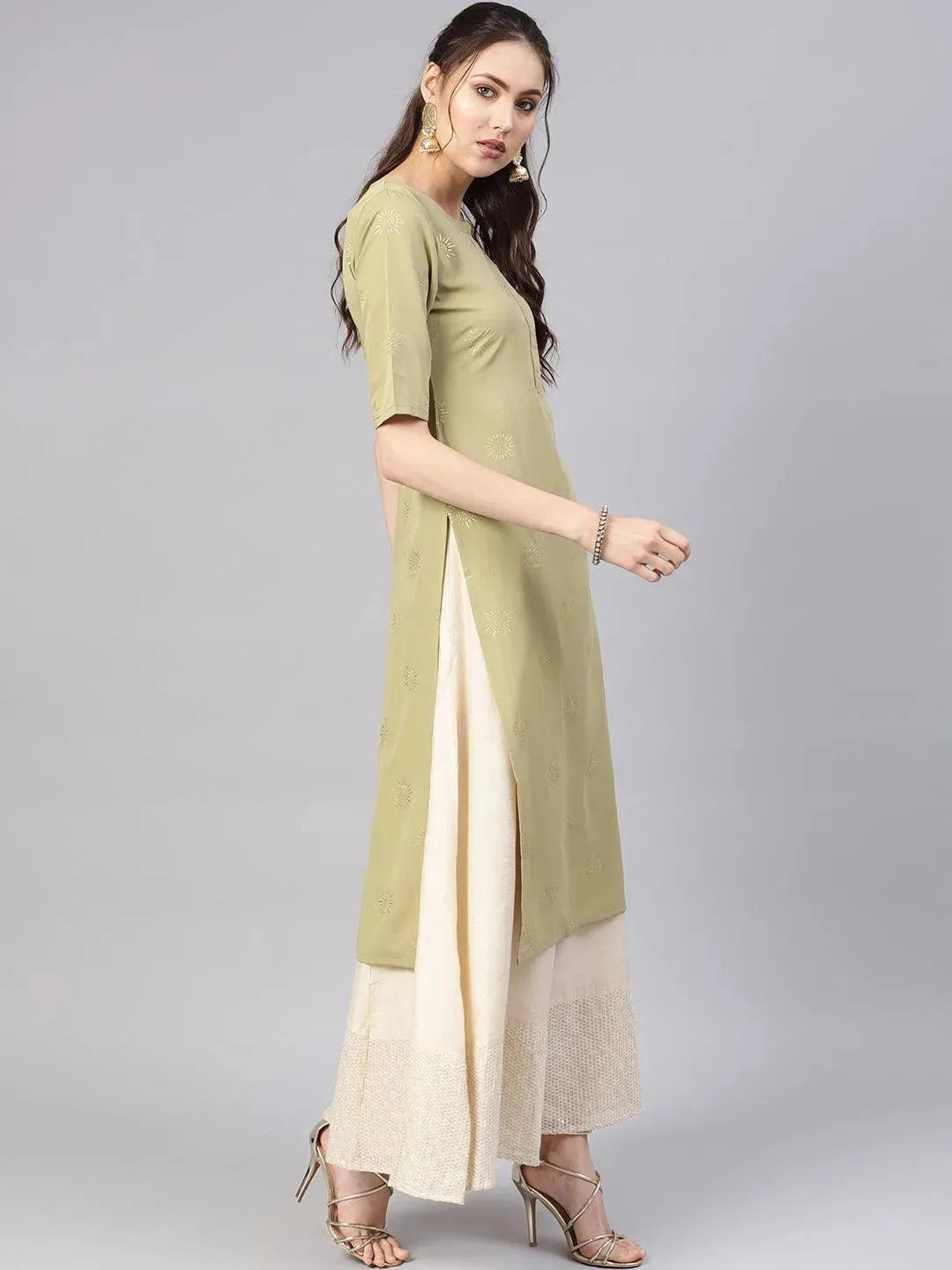 Green Printed Crepe Kurta - Libas 