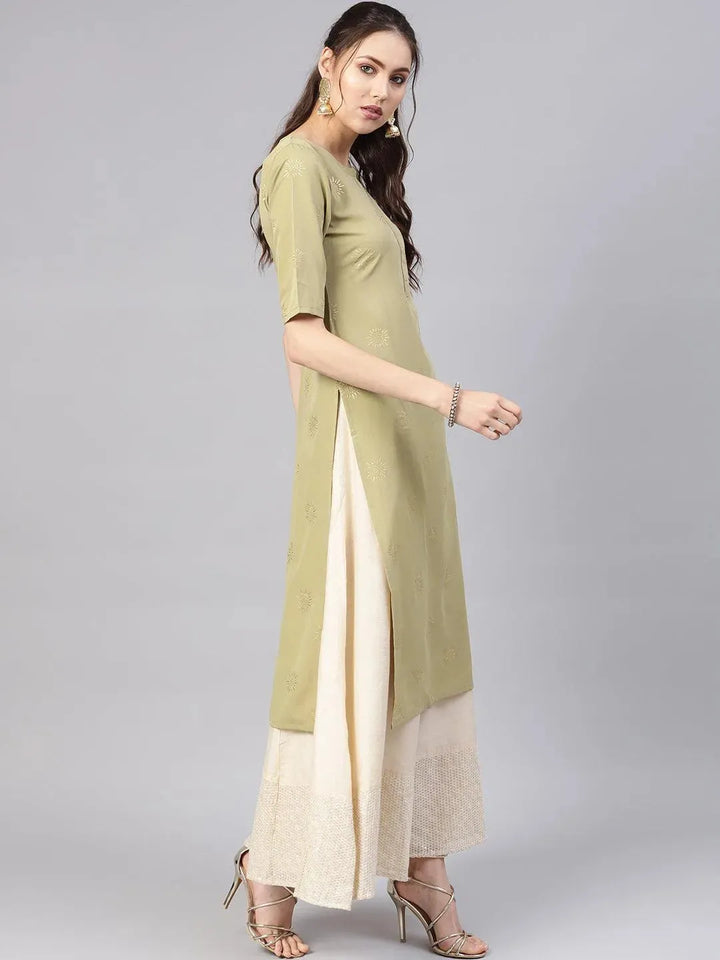 Green Printed Crepe Kurta - Libas