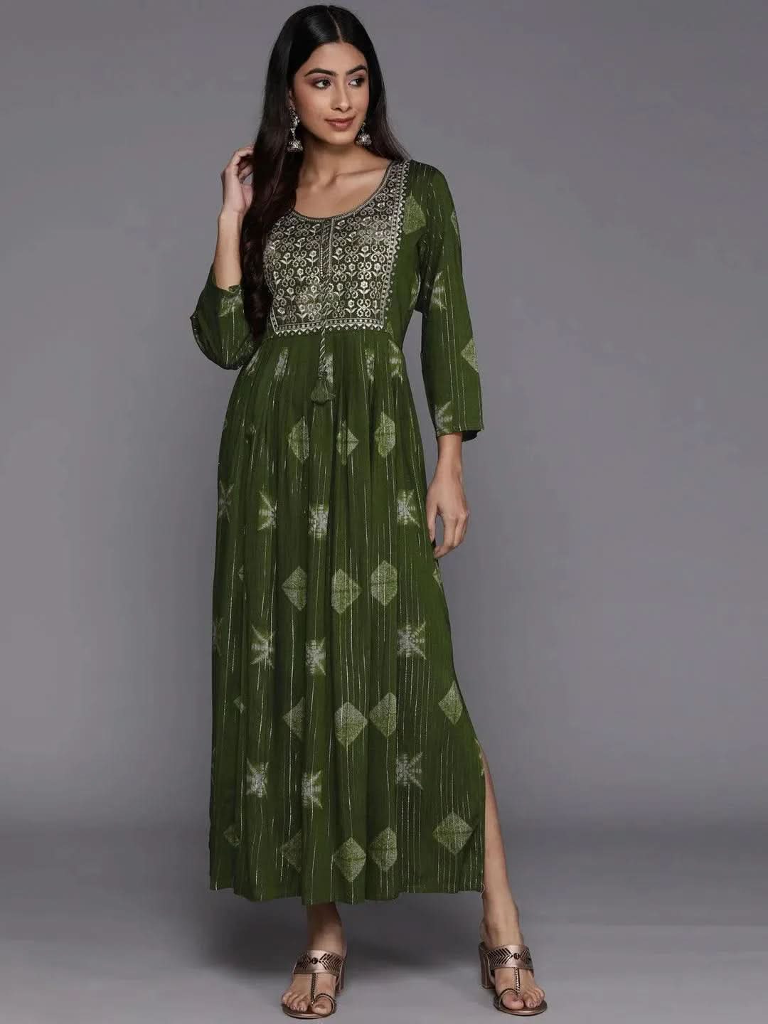 

Green Printed Fit and Flare Rayon Dress