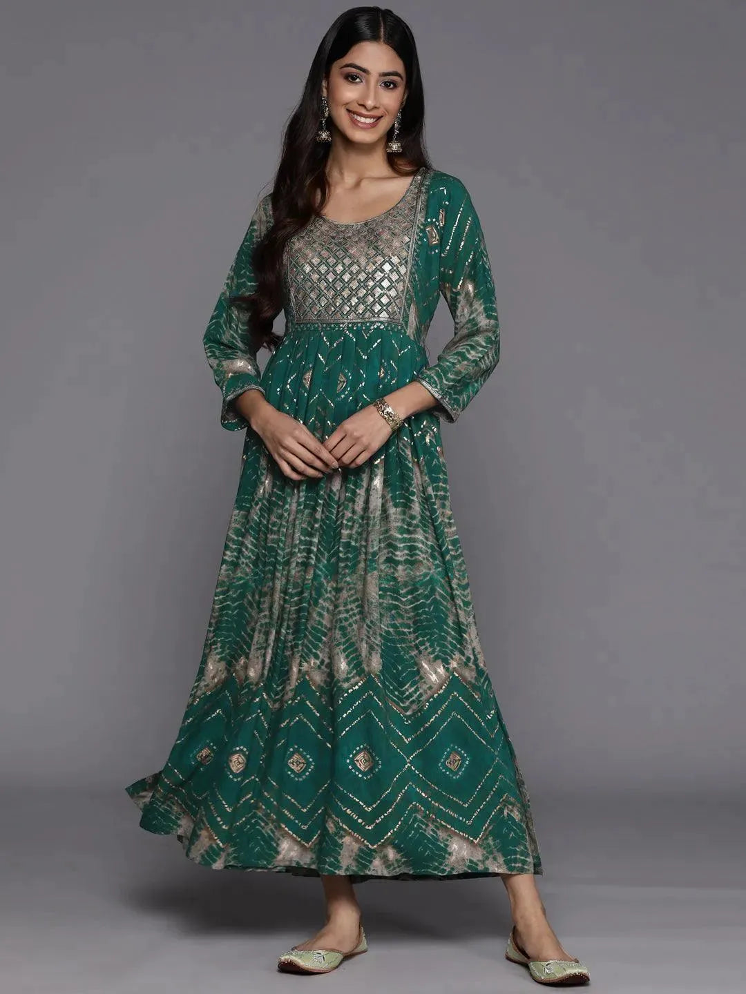 Green Printed Fit and Flare Rayon Dress - Libas