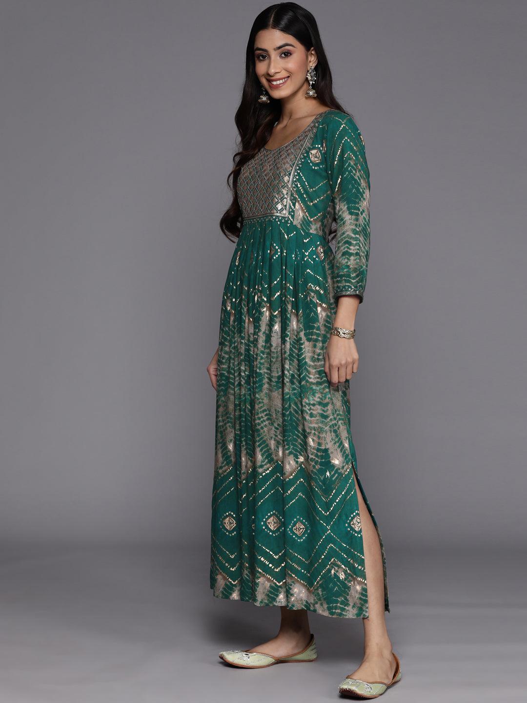 Green Printed Fit and Flare Rayon Dress