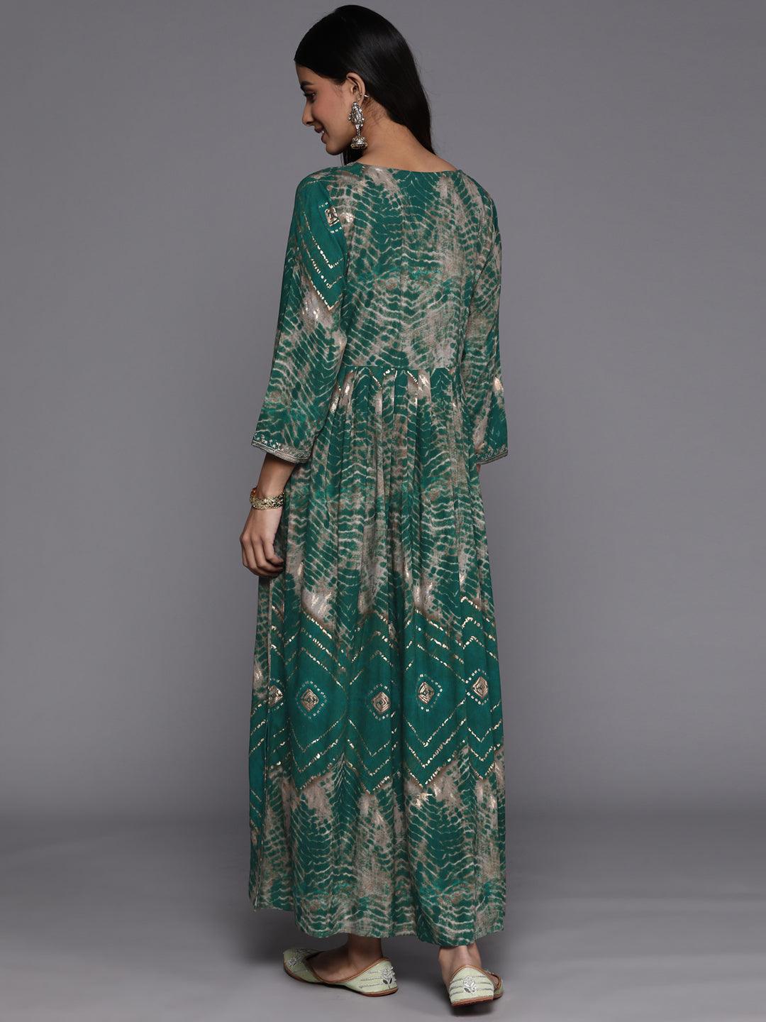 Green Printed Fit and Flare Rayon Dress - Libas
