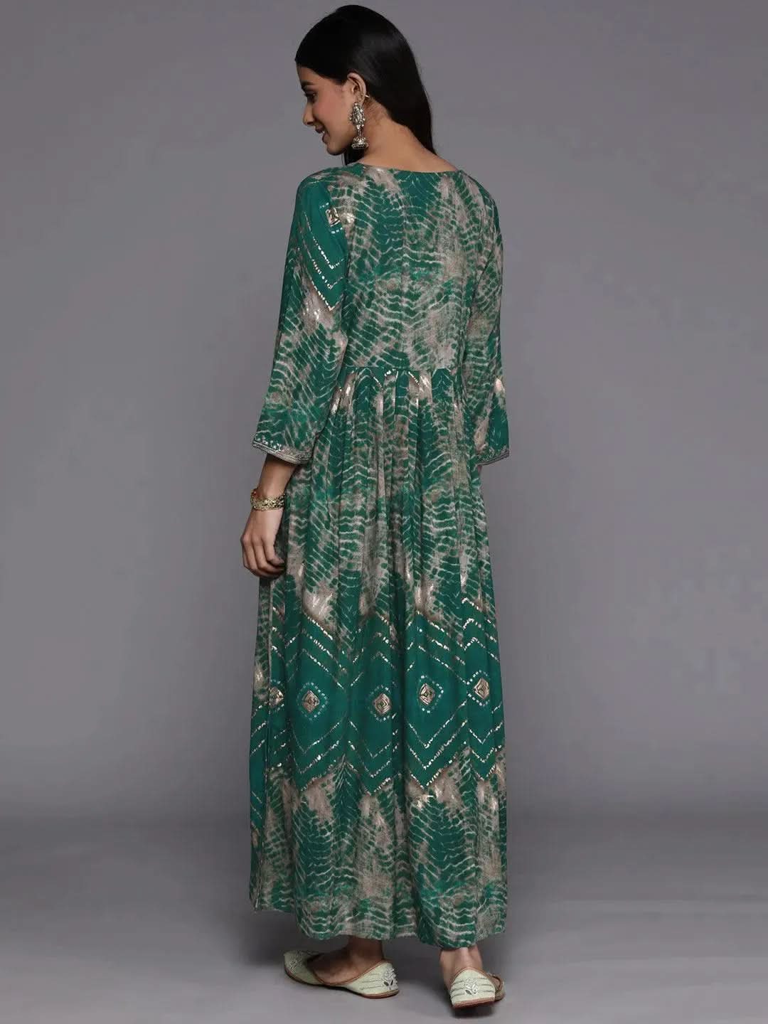 

Green Printed Fit and Flare Rayon Dress