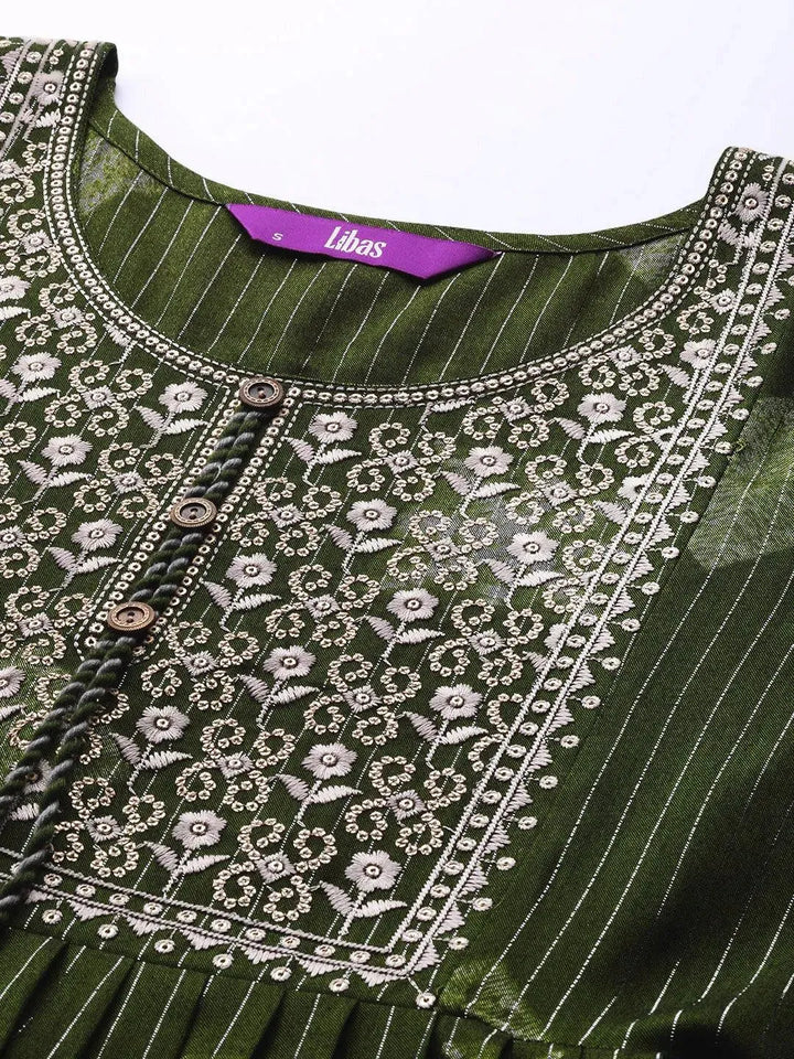 Green Printed Fit and Flare Rayon Dress - Libas