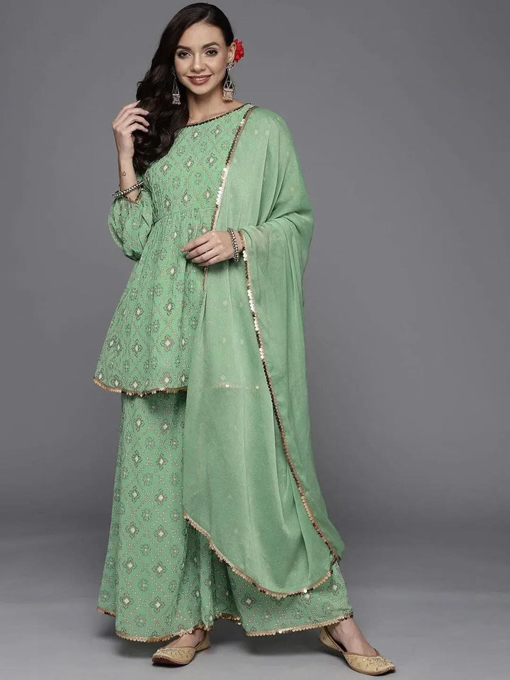 Green Printed Georgette A-Line Suit Set - Libas