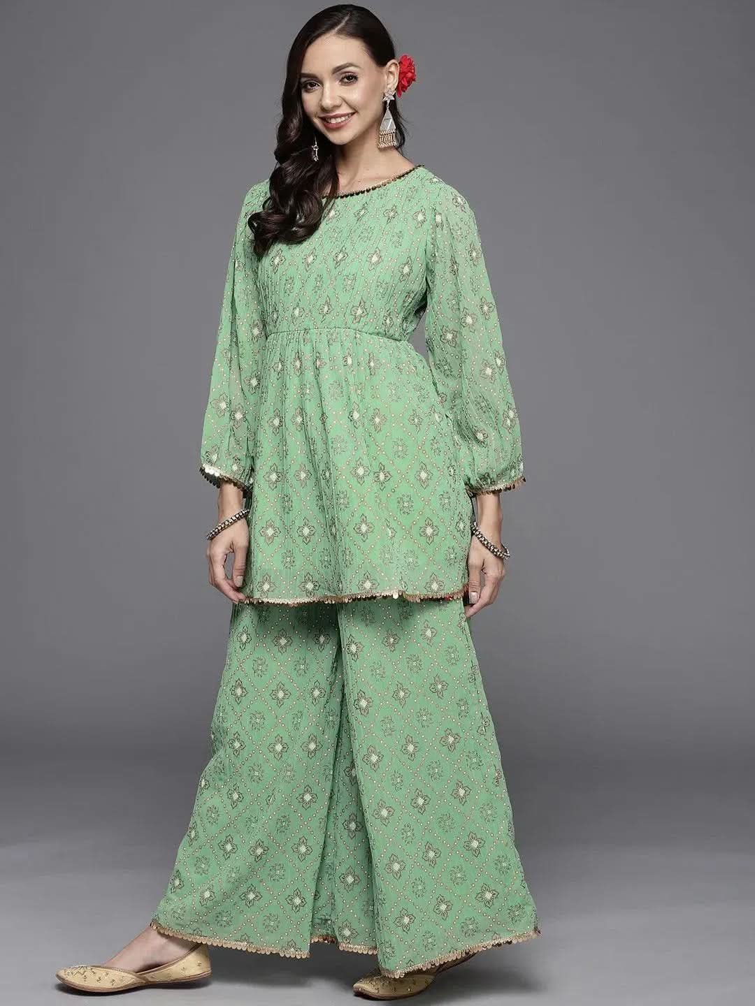 Green Printed Georgette A-Line Suit Set - Libas 