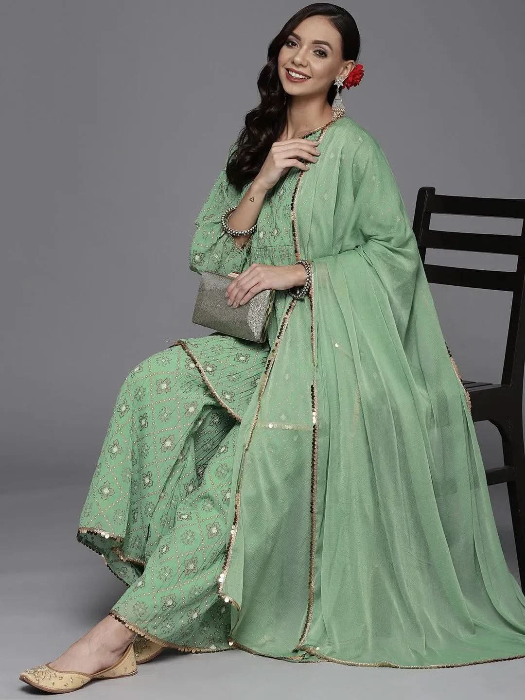 Green Printed Georgette A-Line Suit Set - Libas 