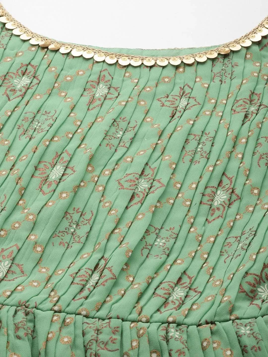 Green Printed Georgette A-Line Suit Set - Libas 