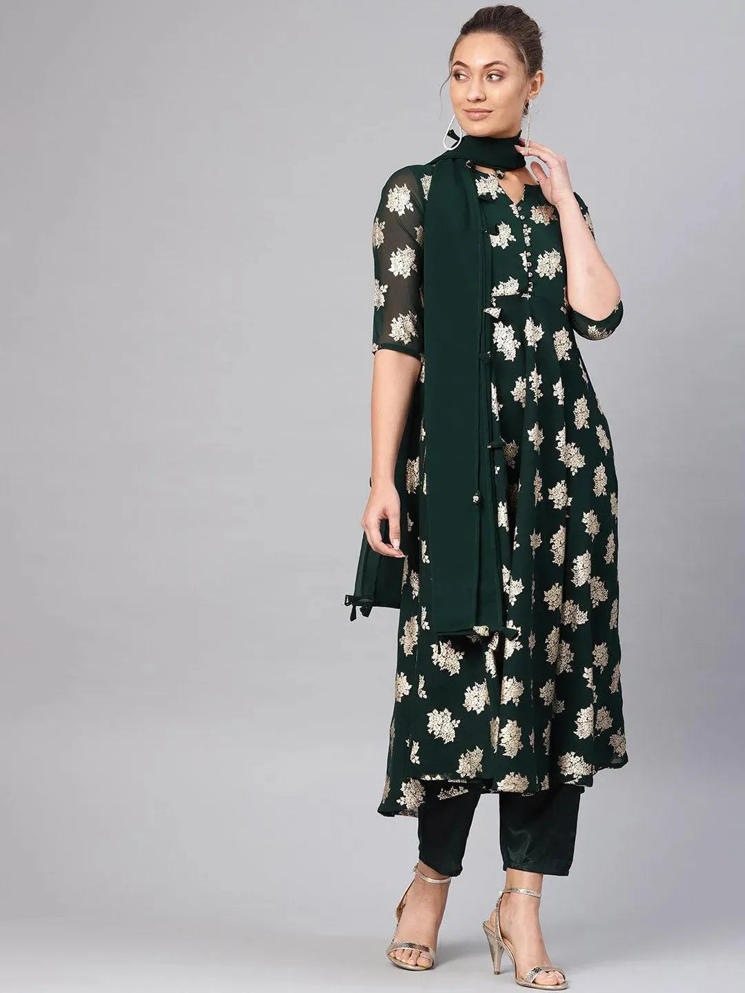 Green Printed Georgette Suit Set - Libas