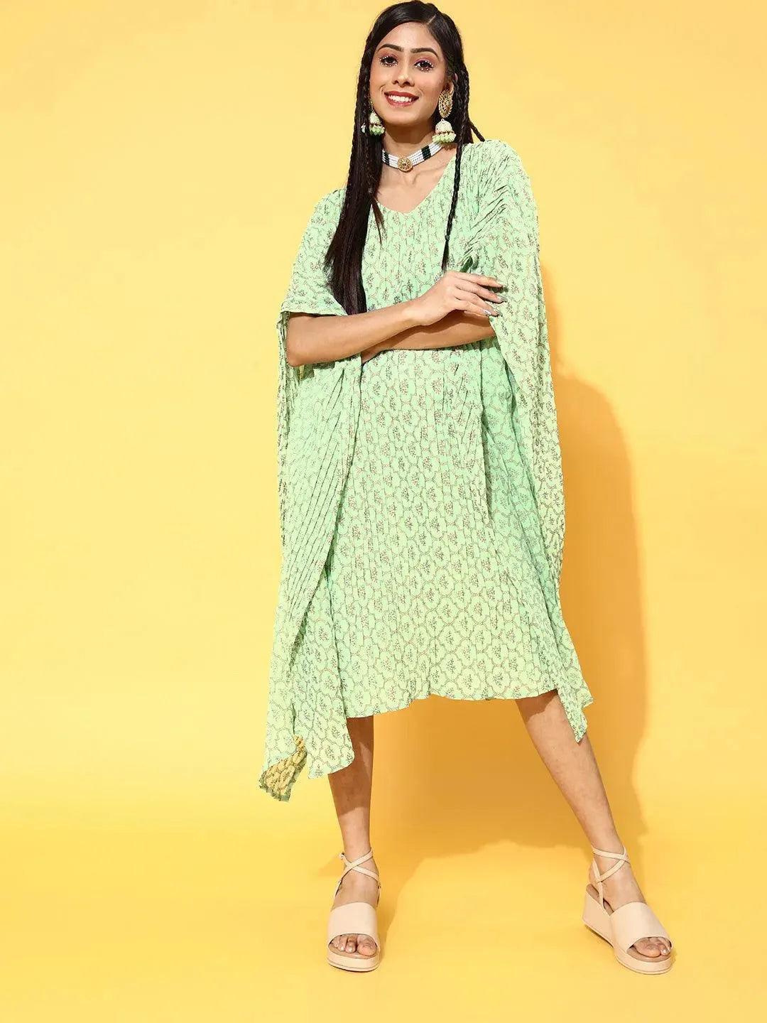 Green Printed Georgette Dress - Libas 