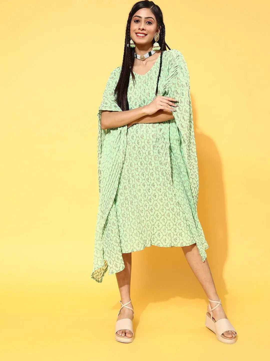 Green Printed Georgette Dress - Libas