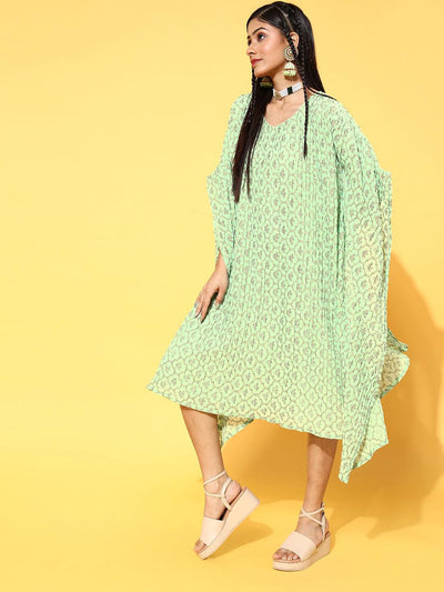 Green Printed Georgette Dress - Libas