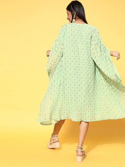 Green Printed Georgette Dress - Libas