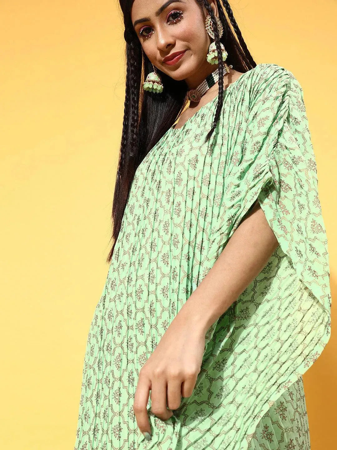 Green Printed Georgette Dress - Libas