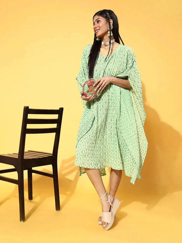 Green Printed Georgette Dress - Libas