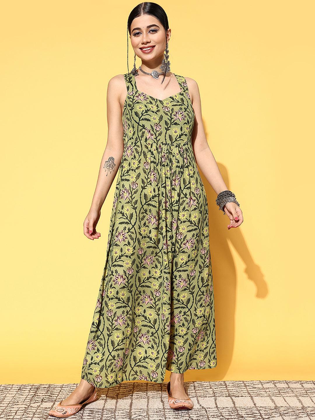 Green Printed Georgette Fit and Flare Dress