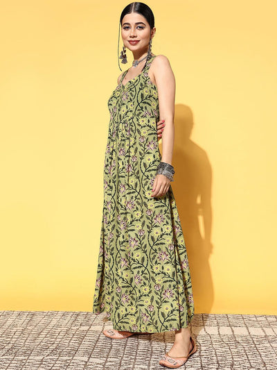 Green Printed Georgette Fit and Flare Dress - Libas