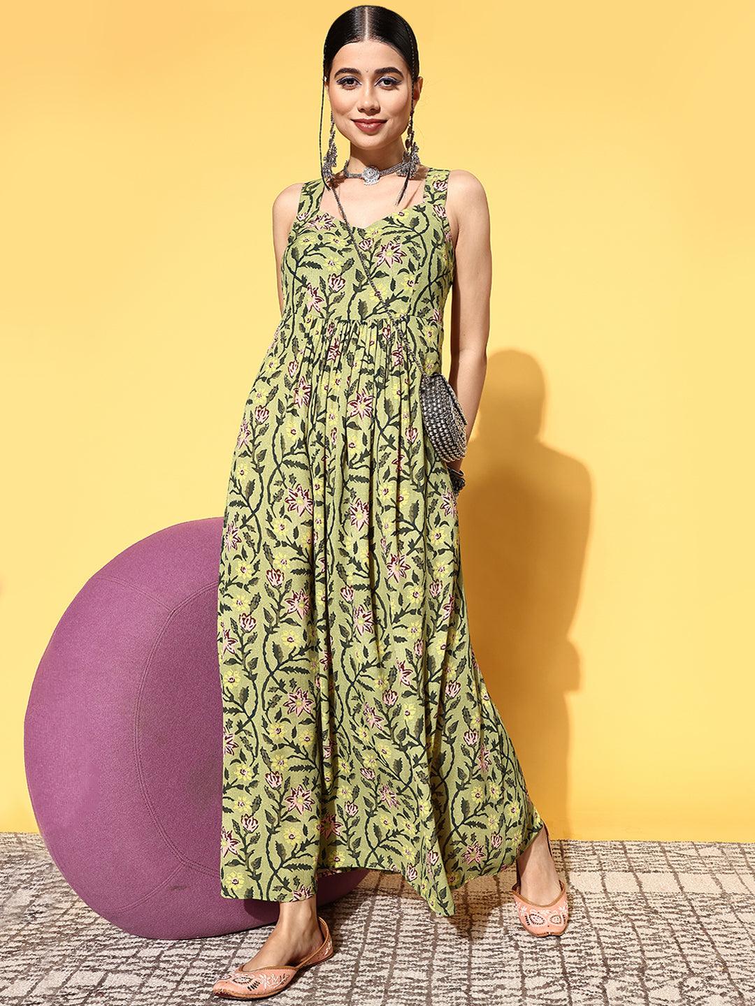 Green Printed Georgette Fit and Flare Dress - Libas