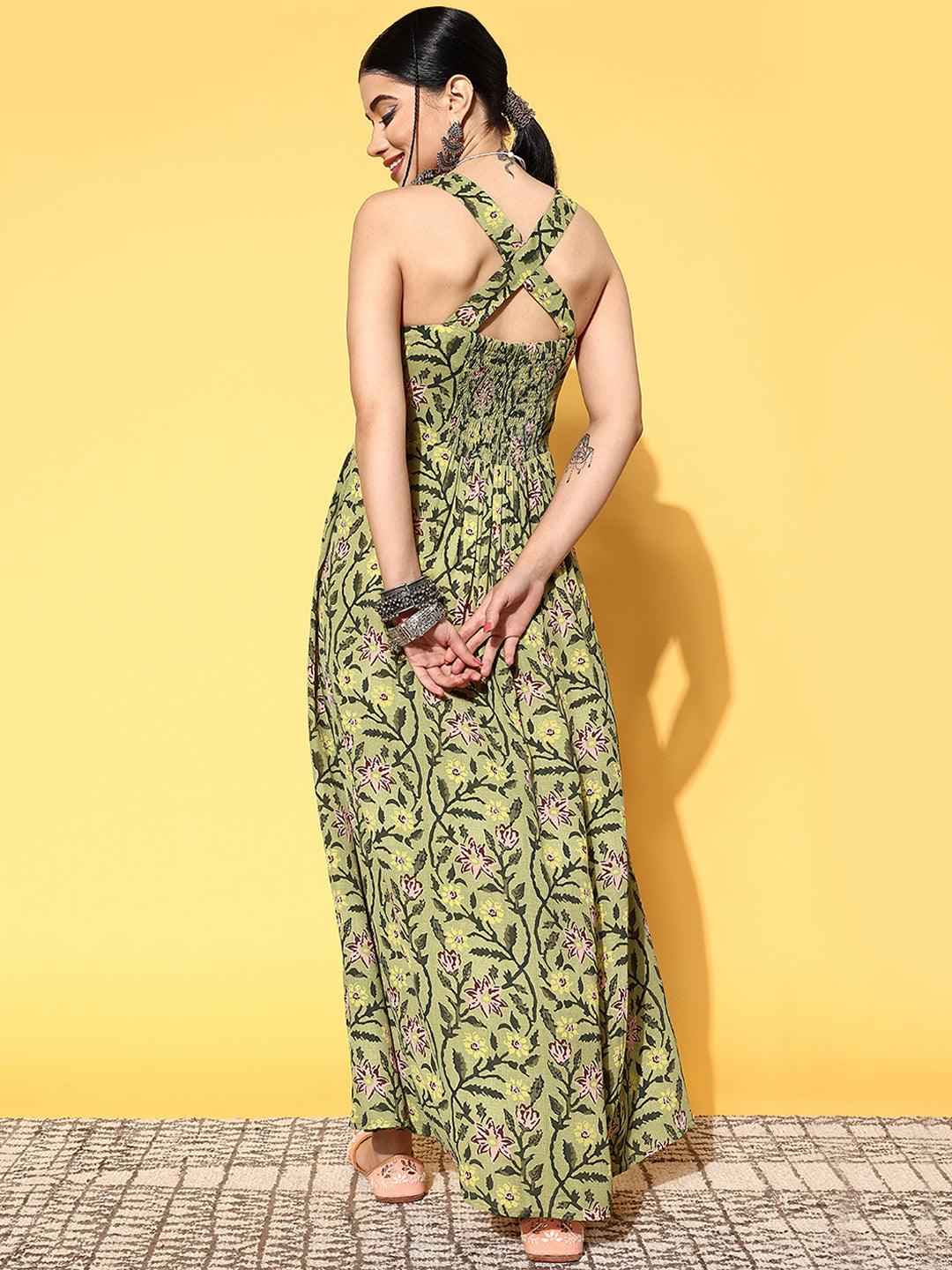 Green Printed Georgette Fit and Flare Dress