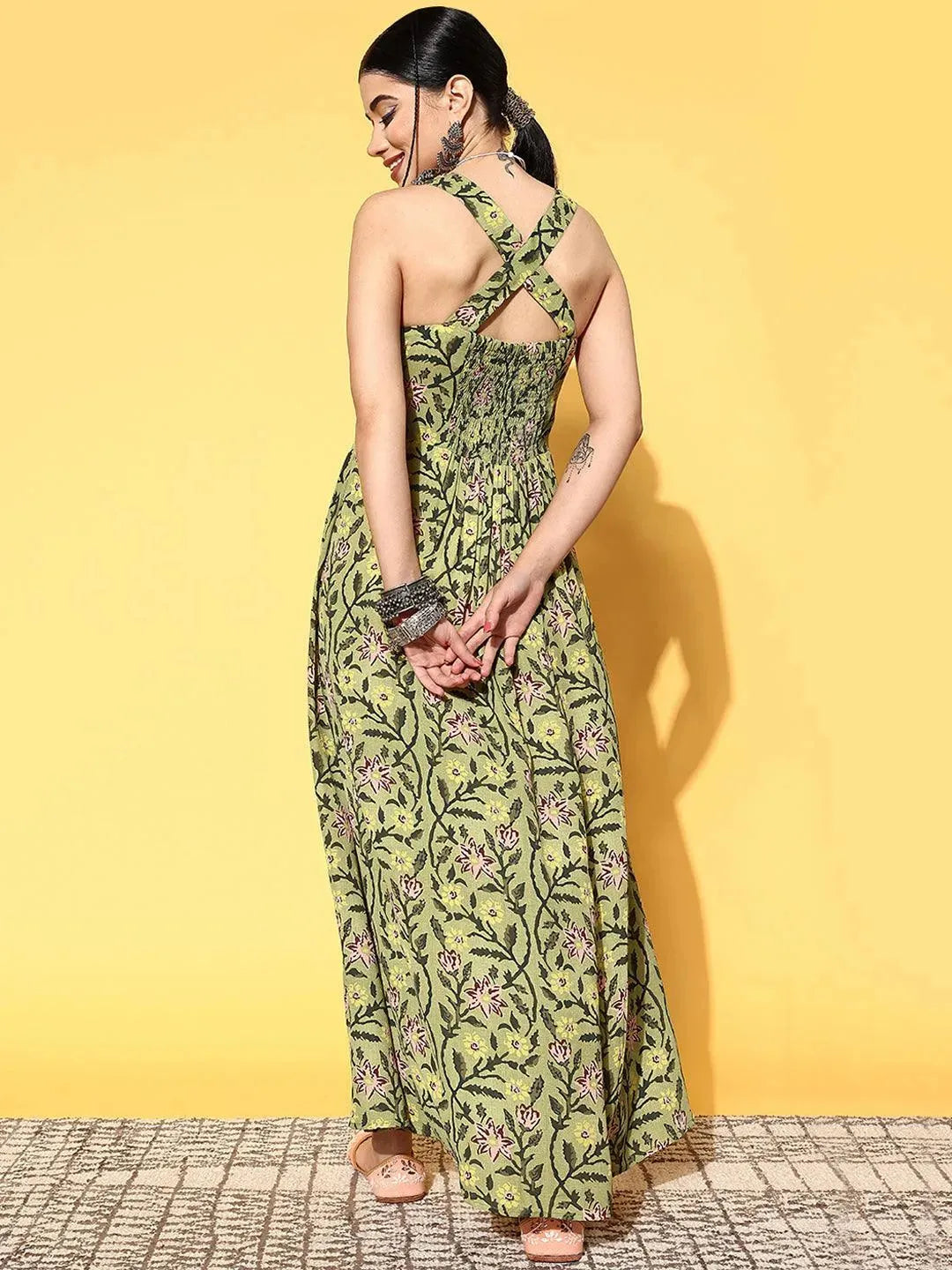 Green Printed Georgette Fit and Flare Dress - Libas 