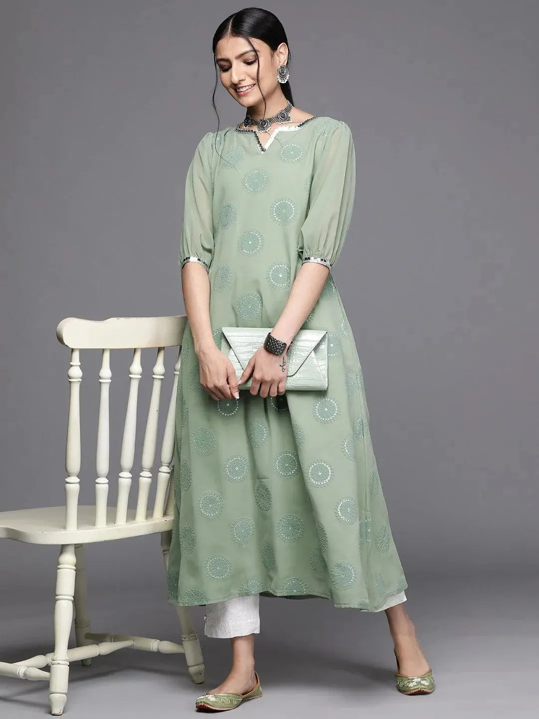 Green Printed Georgette Kurta - Libas