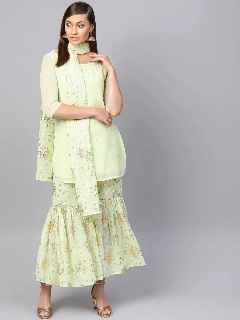 Libas Green Printed Georgette Pathani Kurta With Sharara & Dupatta