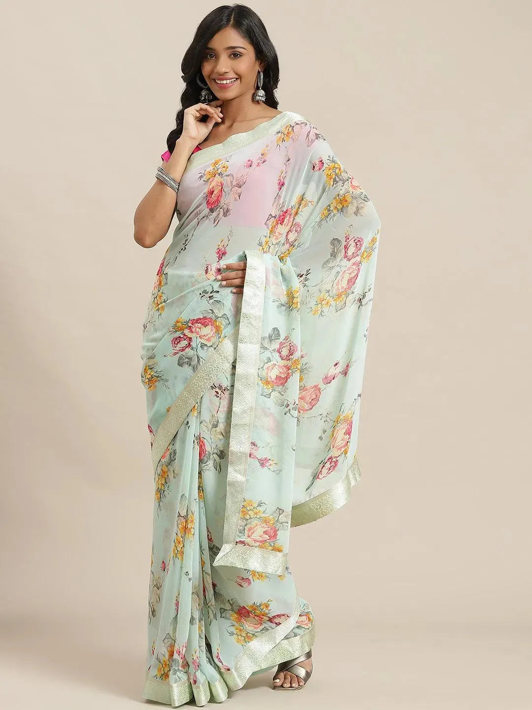 Green Printed Georgette Saree - Libas