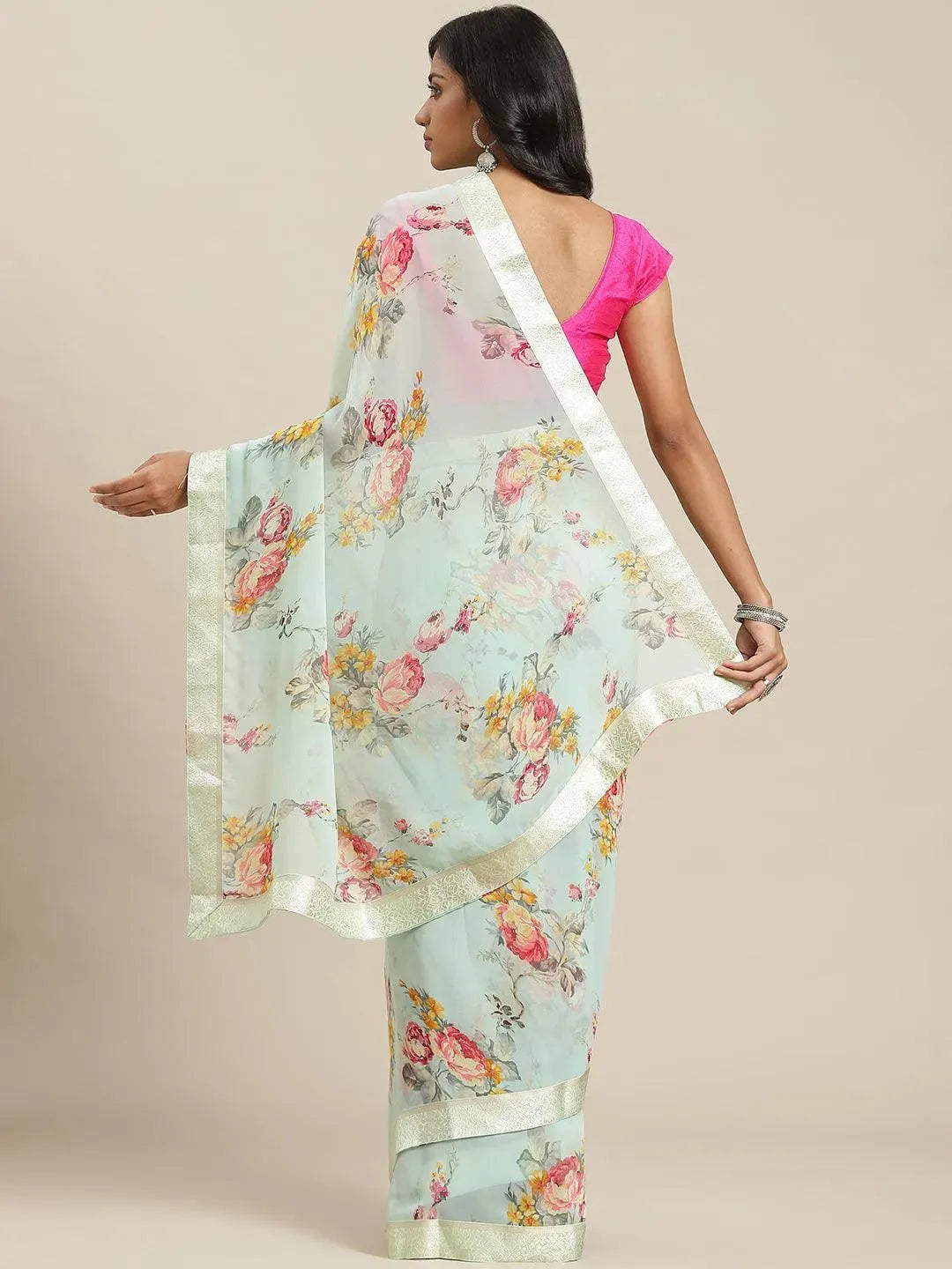 Green Printed Georgette Saree - Libas 