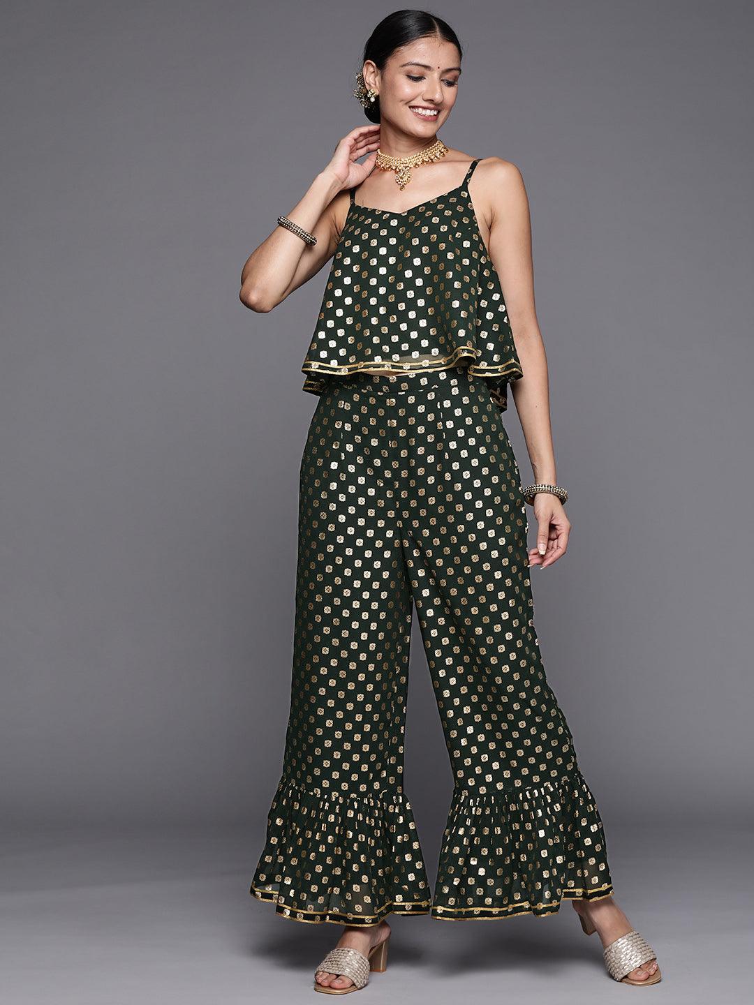 Green Printed Georgette Top With Palazzos