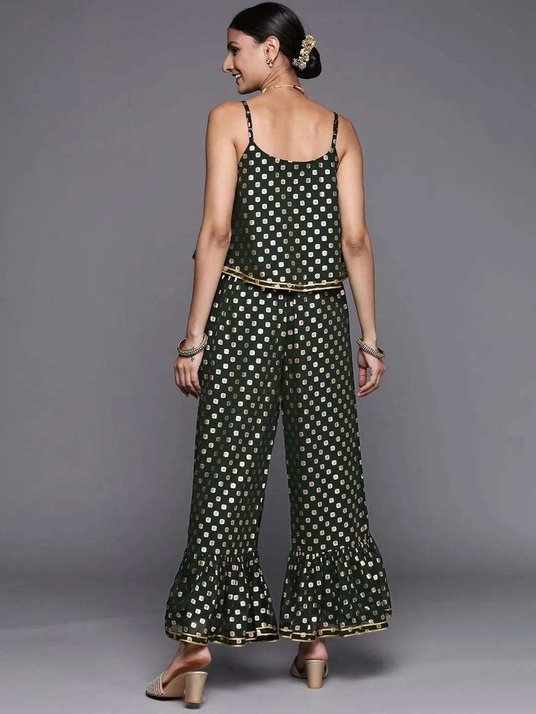 

Green Printed Georgette Top With Palazzos