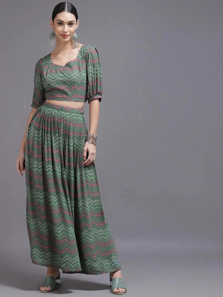 Green Printed Georgette Co-Ords - Libas