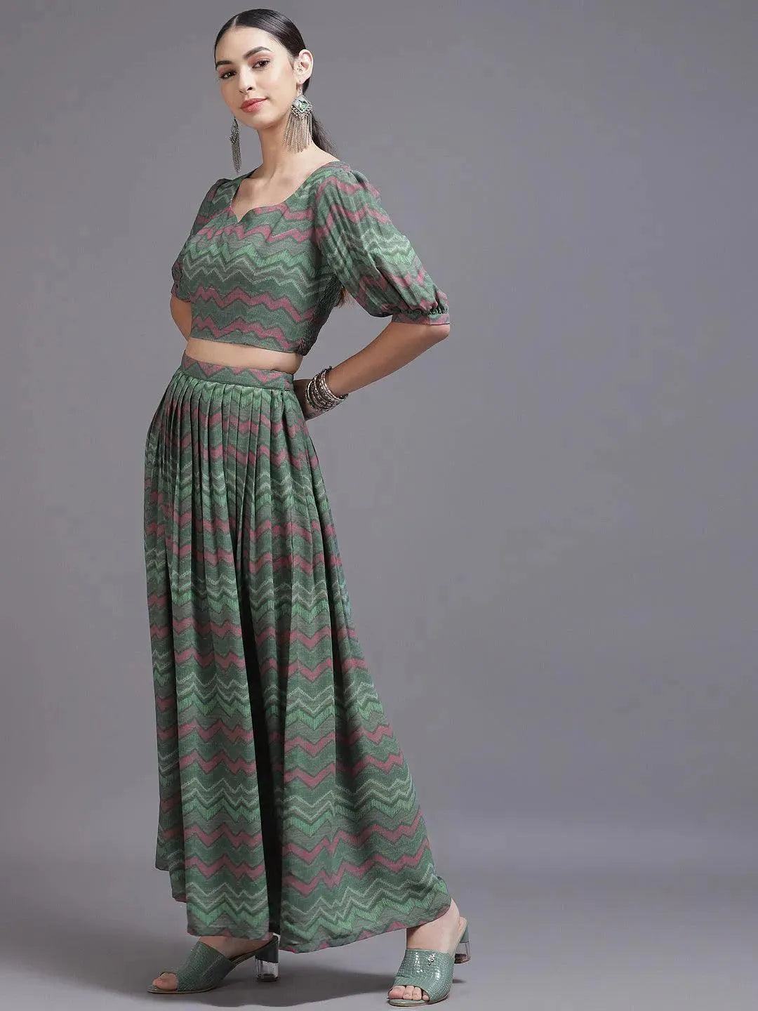 Green Printed Georgette Co-Ords - Libas 