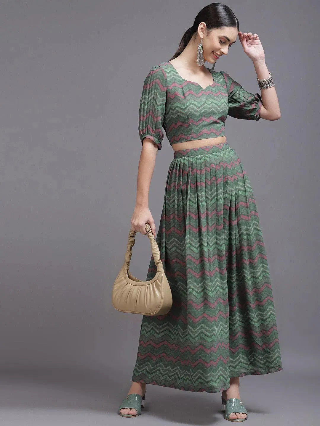 Green Printed Georgette Co-Ords - Libas