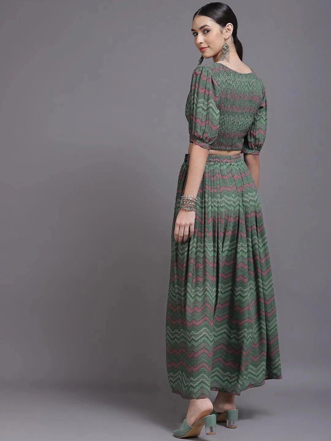 Green Printed Georgette Co-Ords - Libas