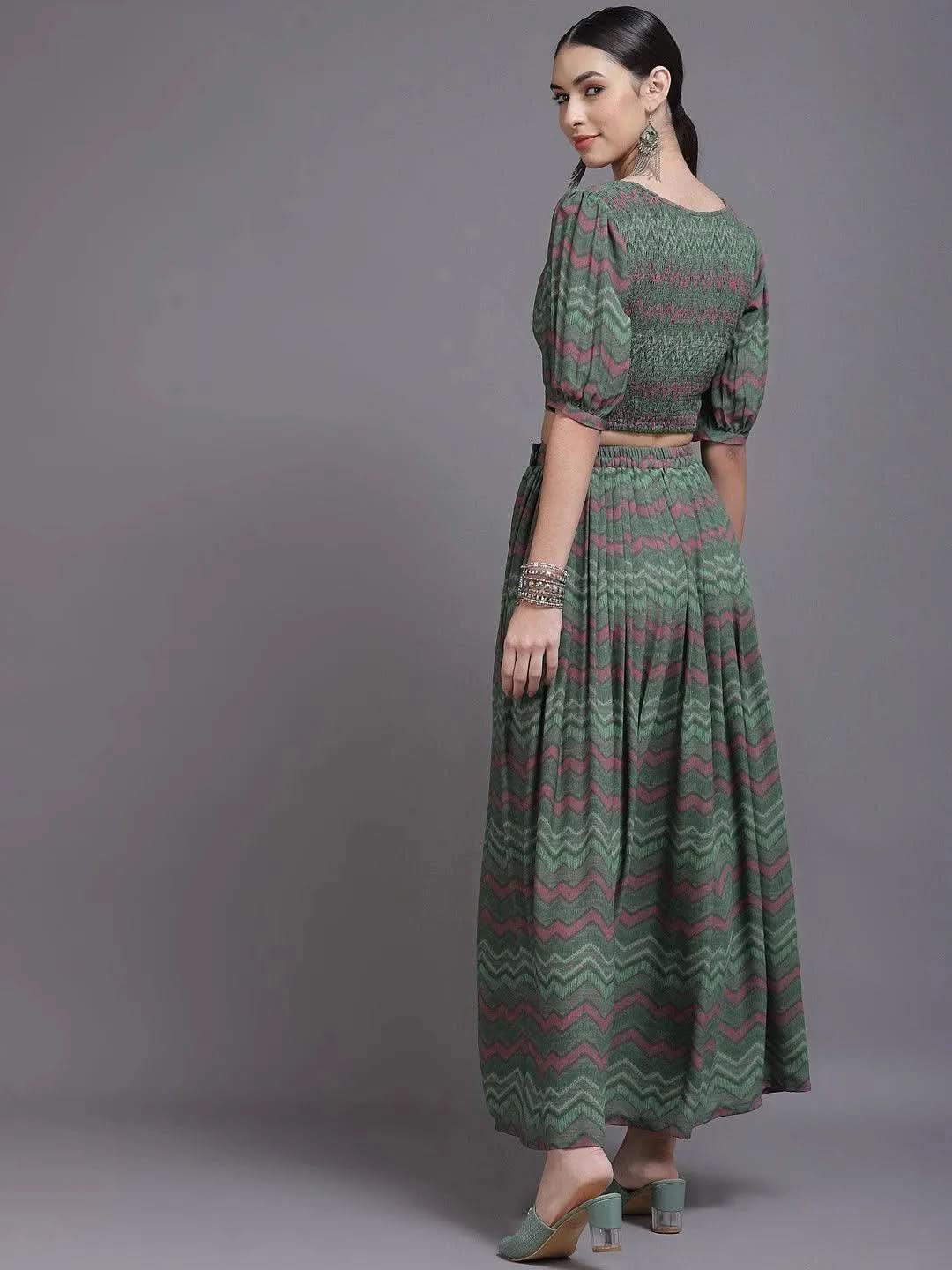 

Green Printed Georgette Top With Skirt