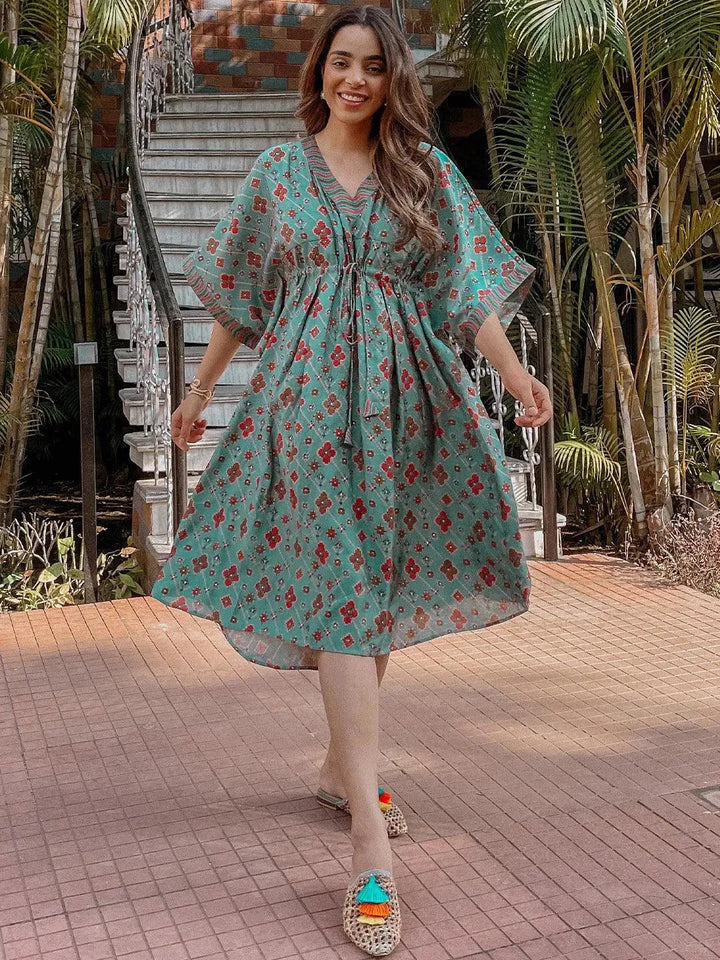 Green Printed Kaftan Dress - Libas