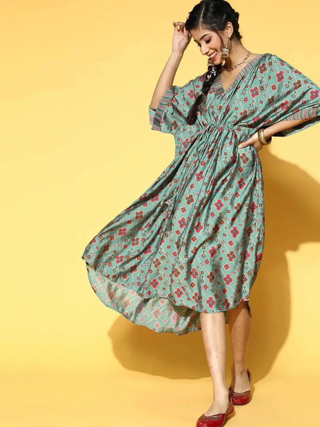 Green Printed Kaftan Dress - Libas