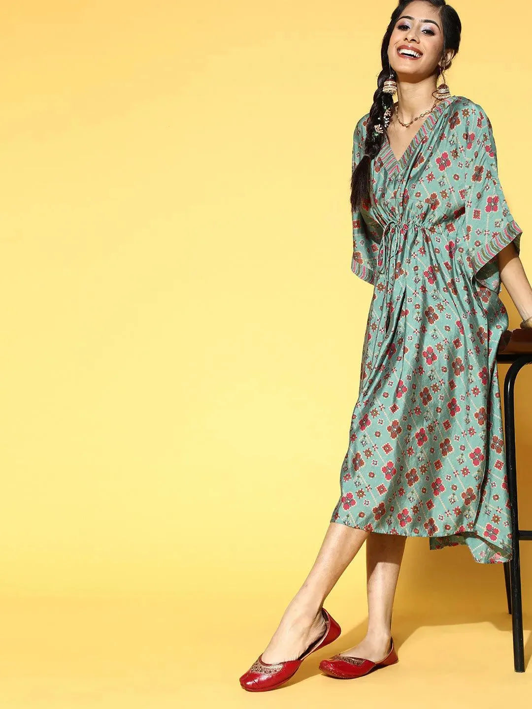 Green Printed Kaftan Dress - Libas