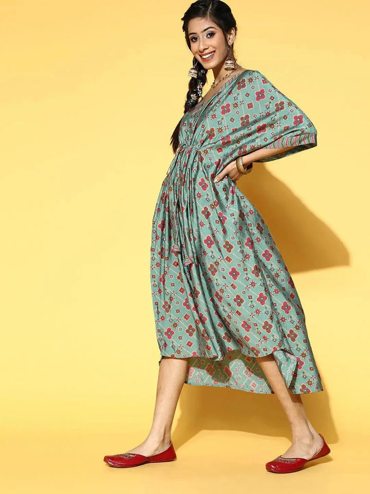 Green Printed Kaftan Dress - Libas