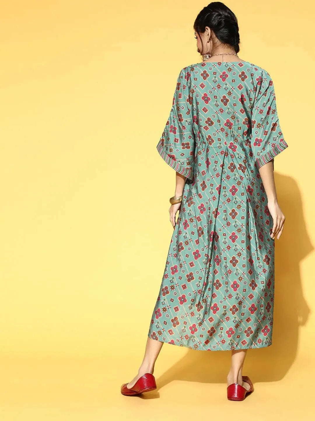 Green Printed Kaftan Dress - Libas 