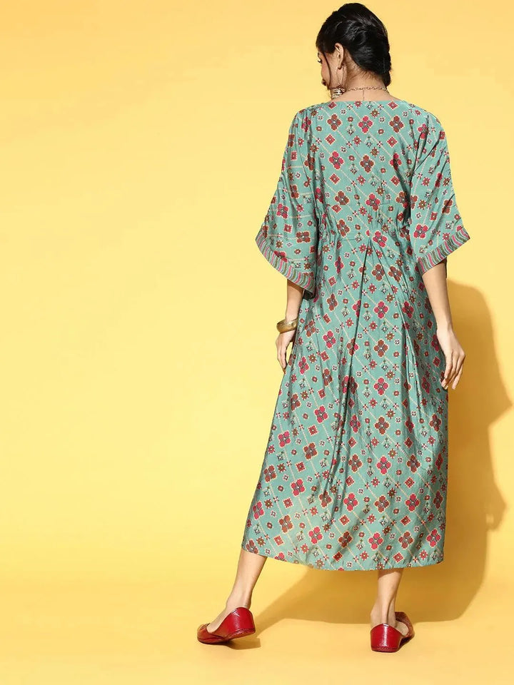 Green Printed Kaftan Dress - Libas