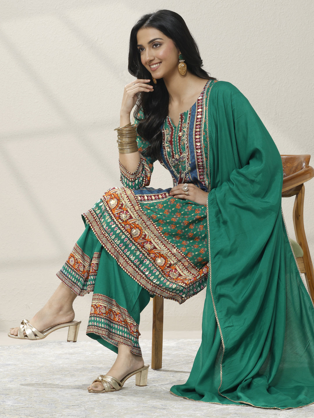 Green Printed Muslin A-Line Suit Set With Dupatta