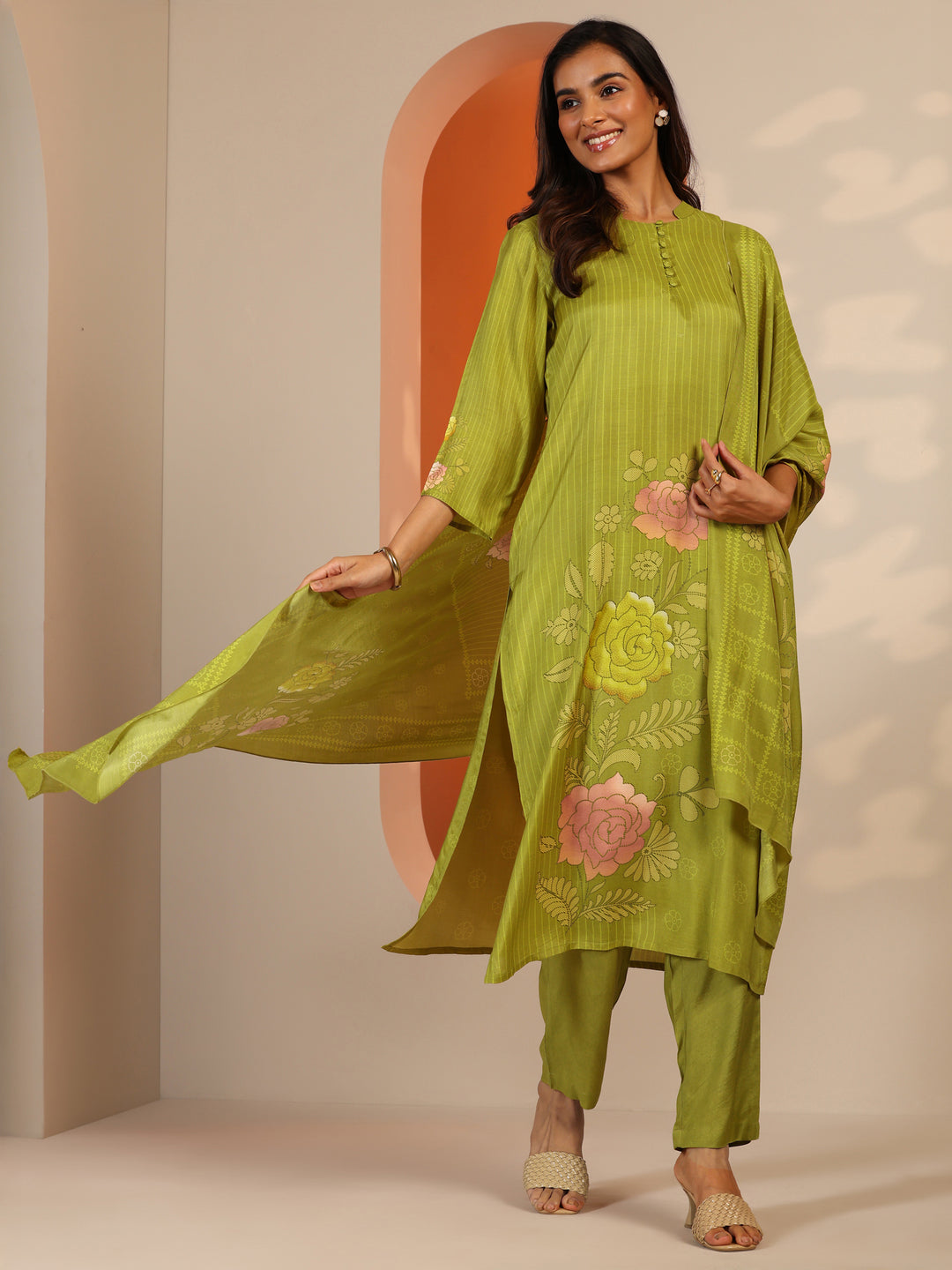 Green Printed Muslin Straight Suit Set With Dupatta