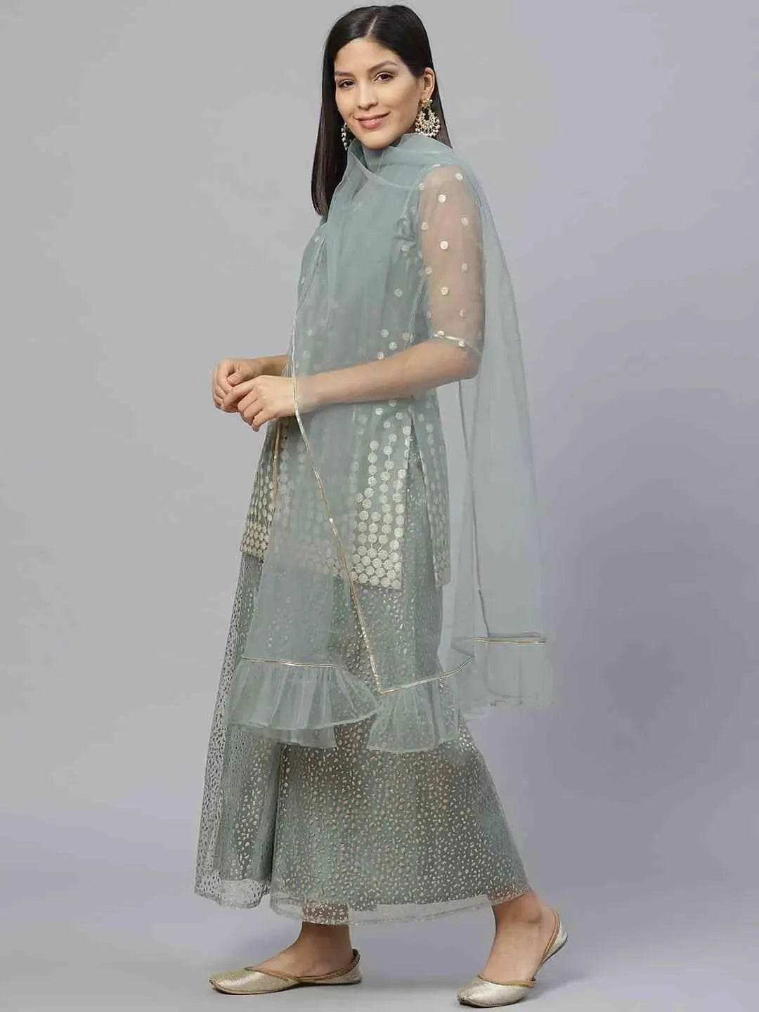 Green Printed Net Suit Set - Libas 