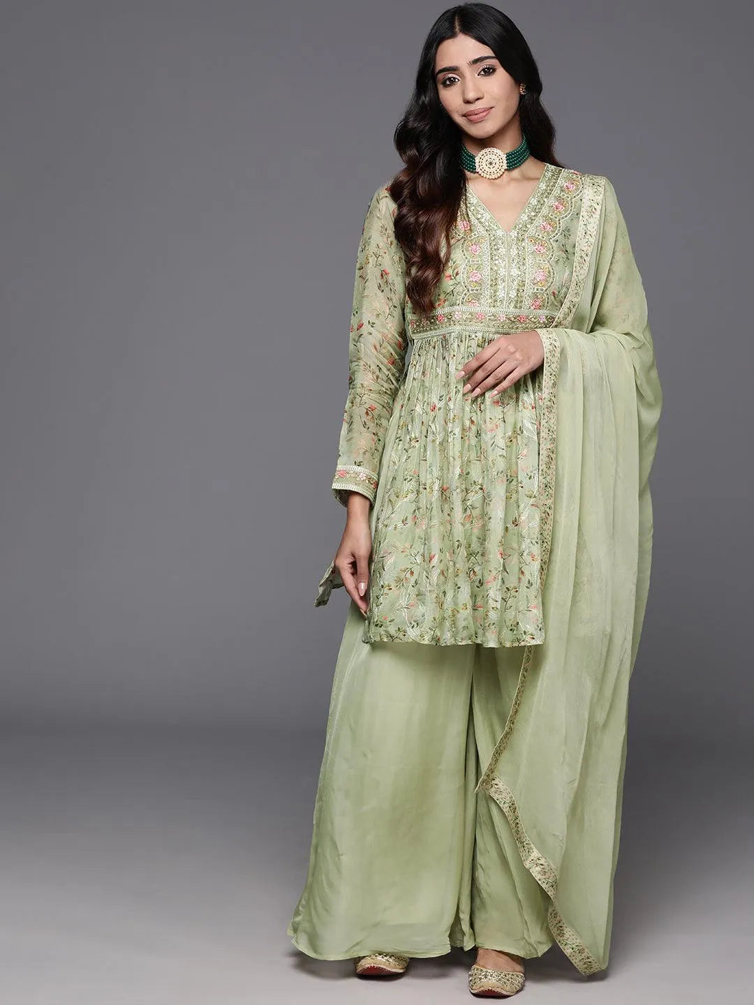 Green Printed Organza A-Line Kurta With Palazzos & Dupatta - Libas 