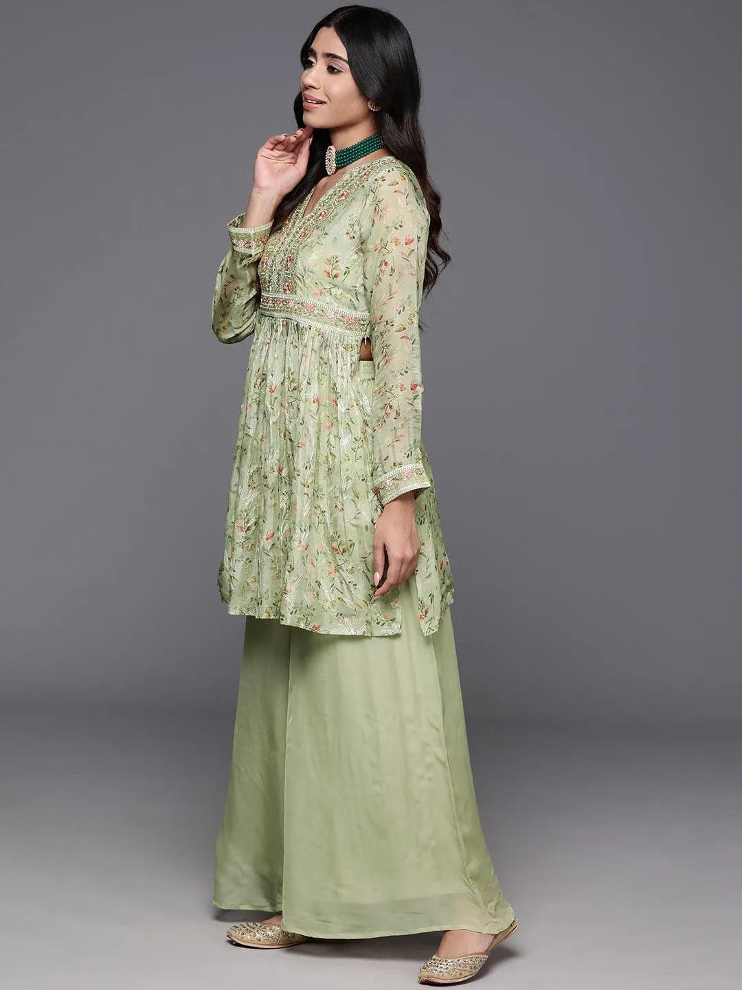 Green Printed Organza A-Line Kurta With Palazzos & Dupatta - Libas 