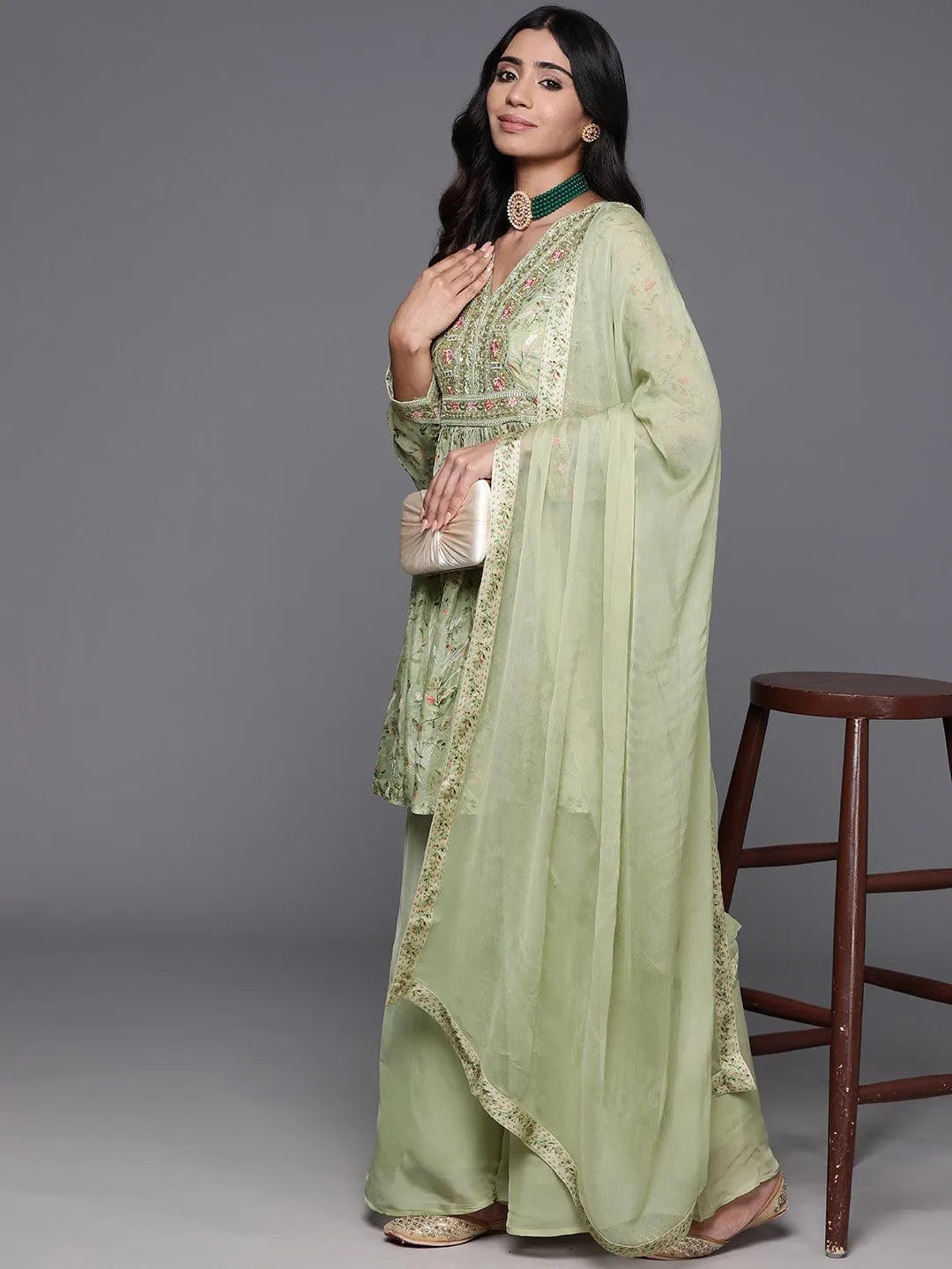 Green Printed Organza A-Line Kurta With Palazzos & Dupatta - Libas 